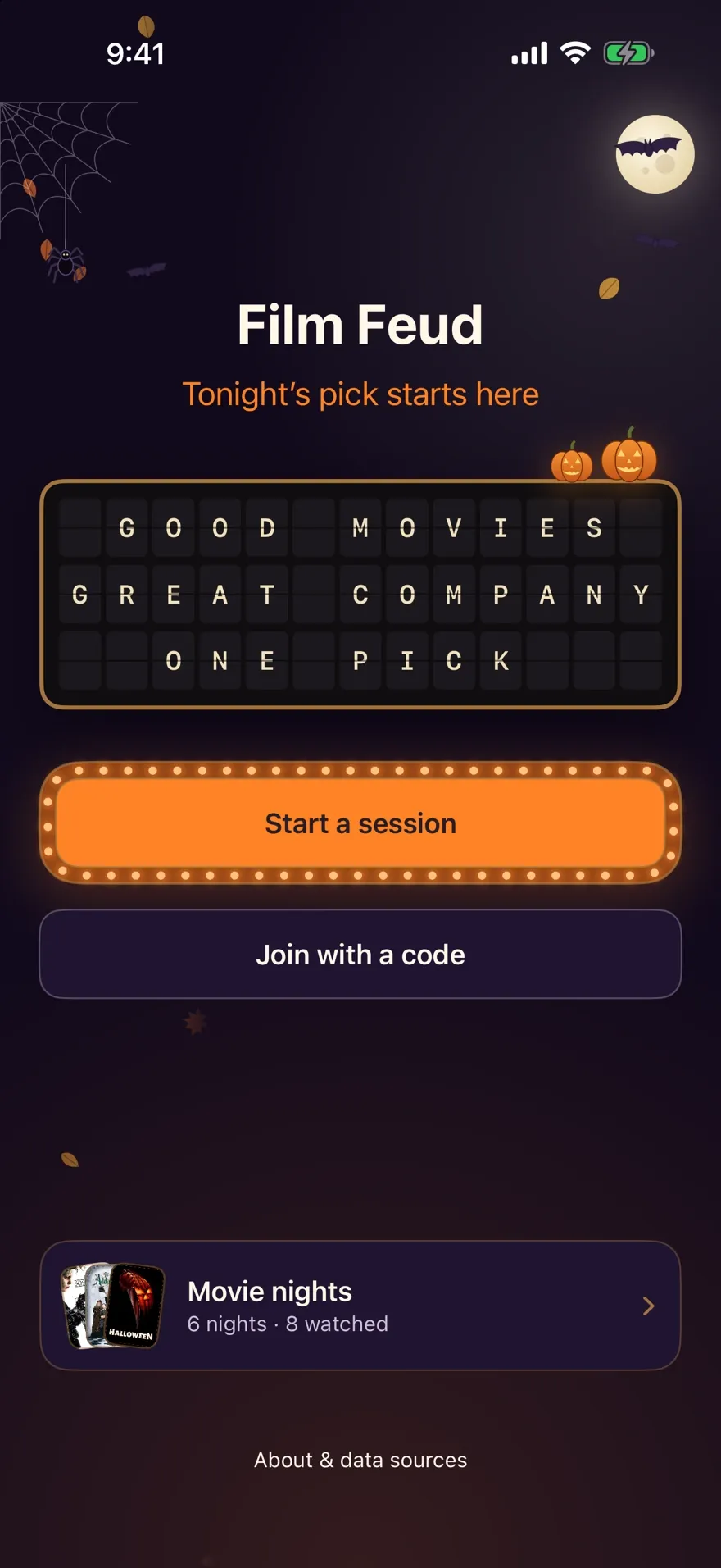 Film Feud's home screen dressed for Halloween: a split-flap board reading Good movies, great company, one pick, above Start a session and Join with a code.