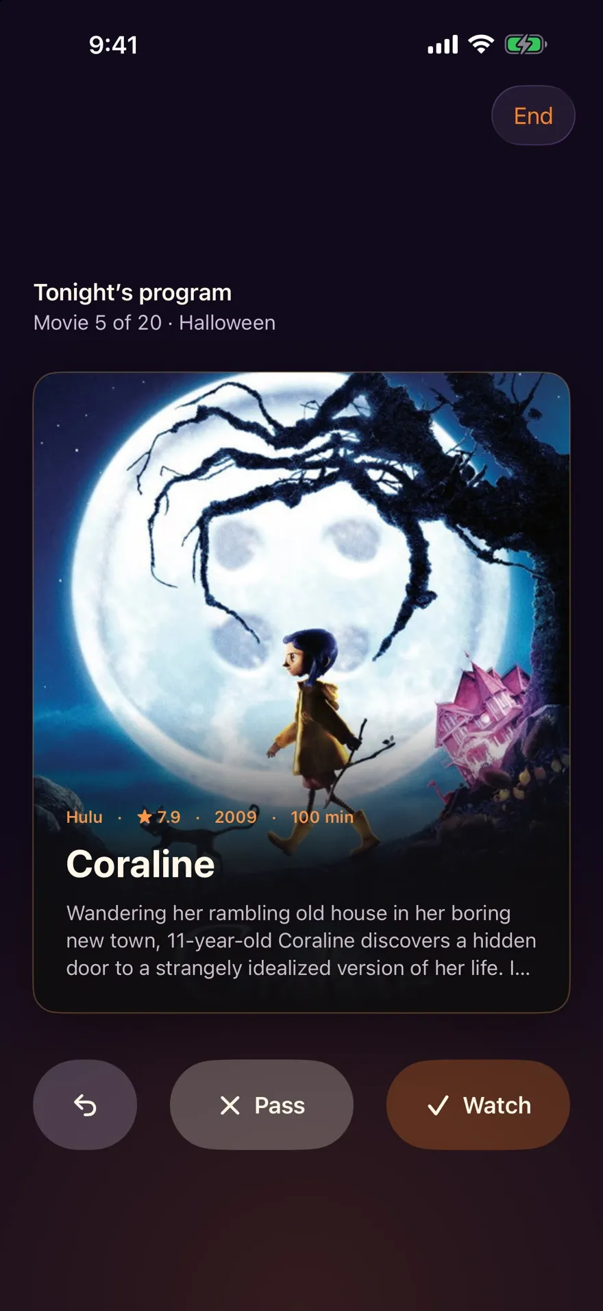 The deck: Coraline, movie 5 of 20 in tonight's Halloween program, with Pass and Watch buttons.