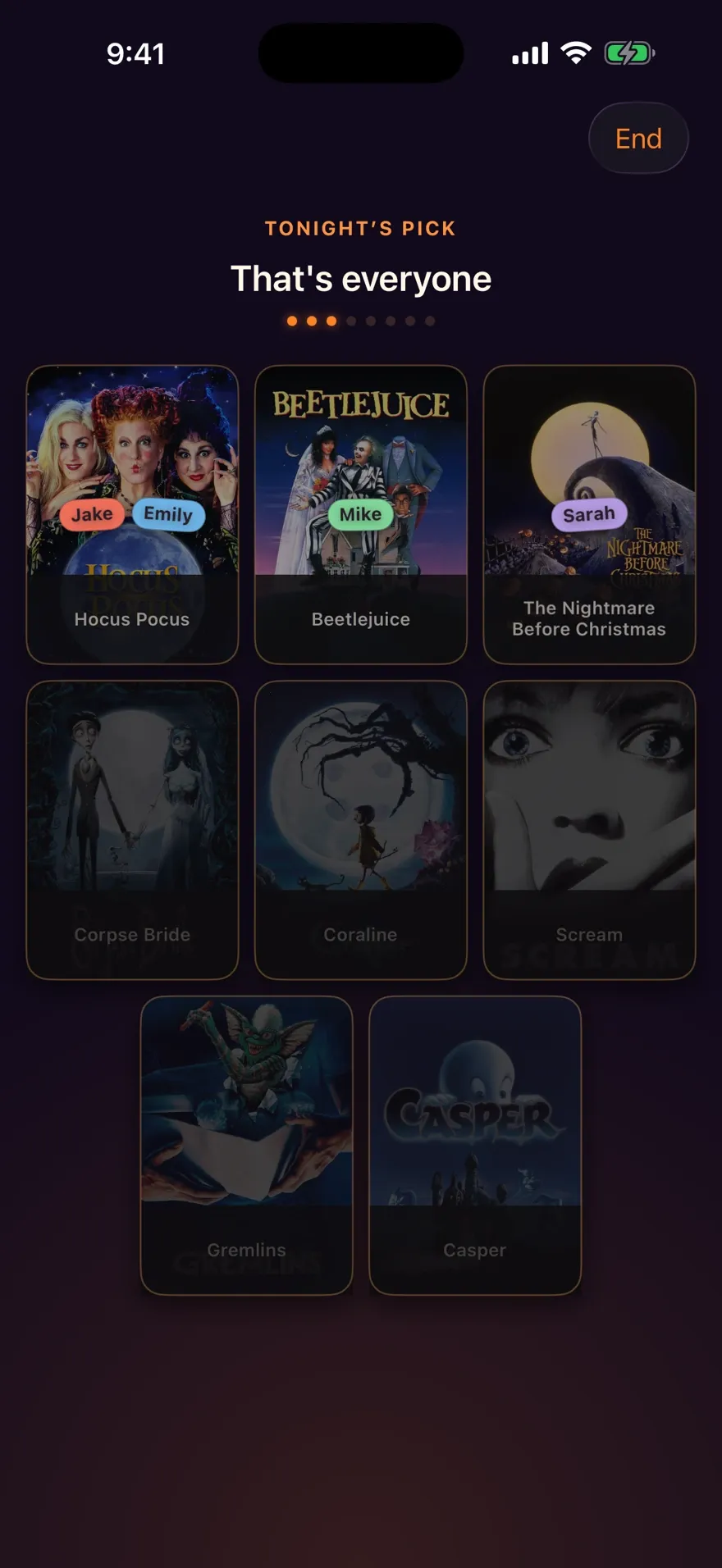 The finalists board once everyone has voted: Jake and Emily on Hocus Pocus, Mike on Beetlejuice, Sarah on The Nightmare Before Christmas.