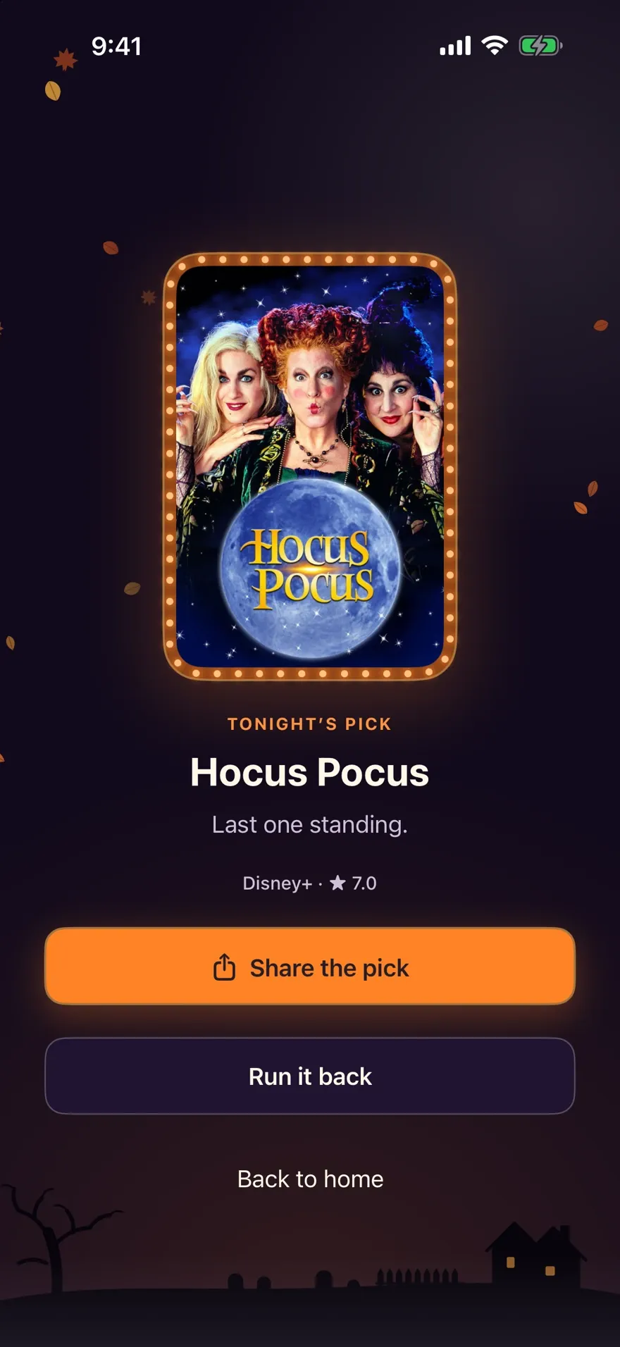 Tonight's pick: Hocus Pocus in a lit marquee frame, with Share the pick and Run it back.